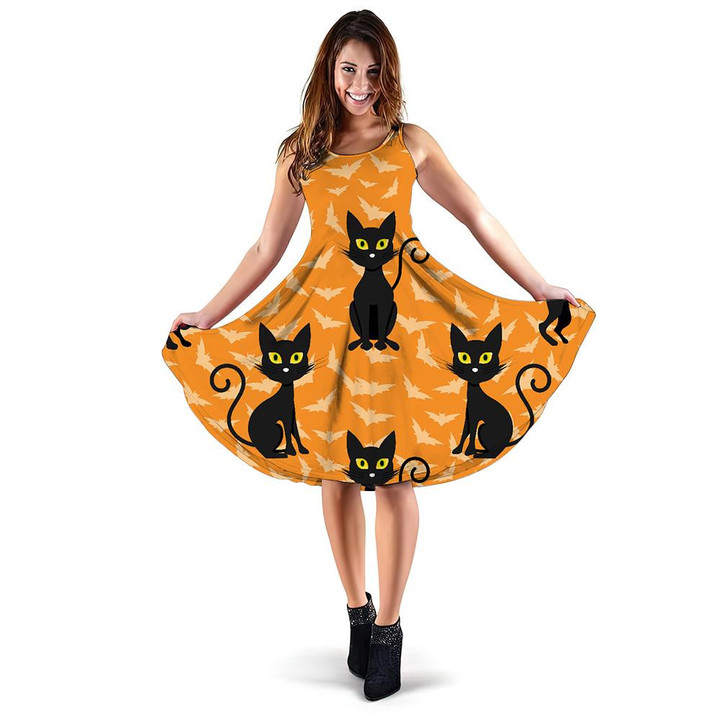 Abstract Halloween Style Cat With Bats 3d Sleeveless Midi Dress