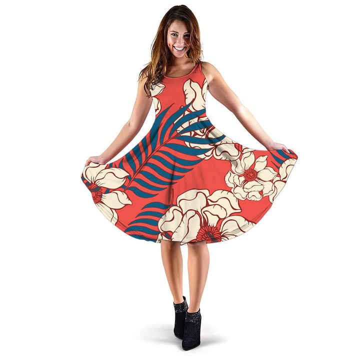 Abstract Elegance Flower Leaves Art Pattern On Red Background 3d Sleeveless Midi Dress