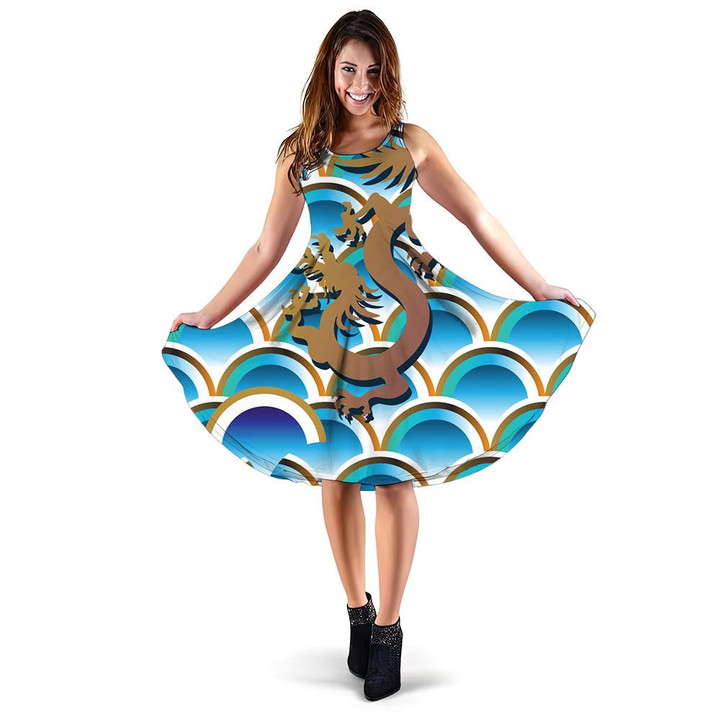 Abstract Chinese Japanese Scaly Skin And Dragon 3d Sleeveless Midi Dress