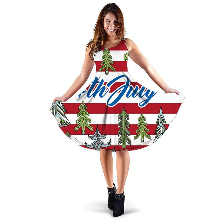 4th Of July Independence Day American Flag Texture Pattern With Christmas Trees 3d Sleeveless Midi Dress