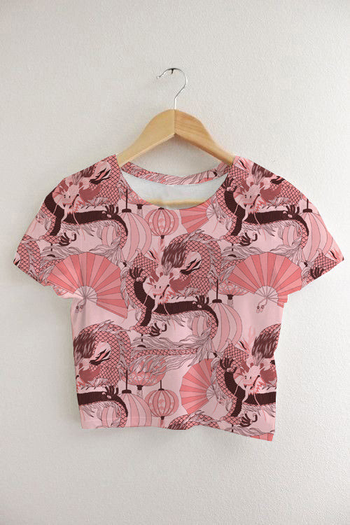 Asian Dragon Design With Pink Color 3D Women's Crop Top