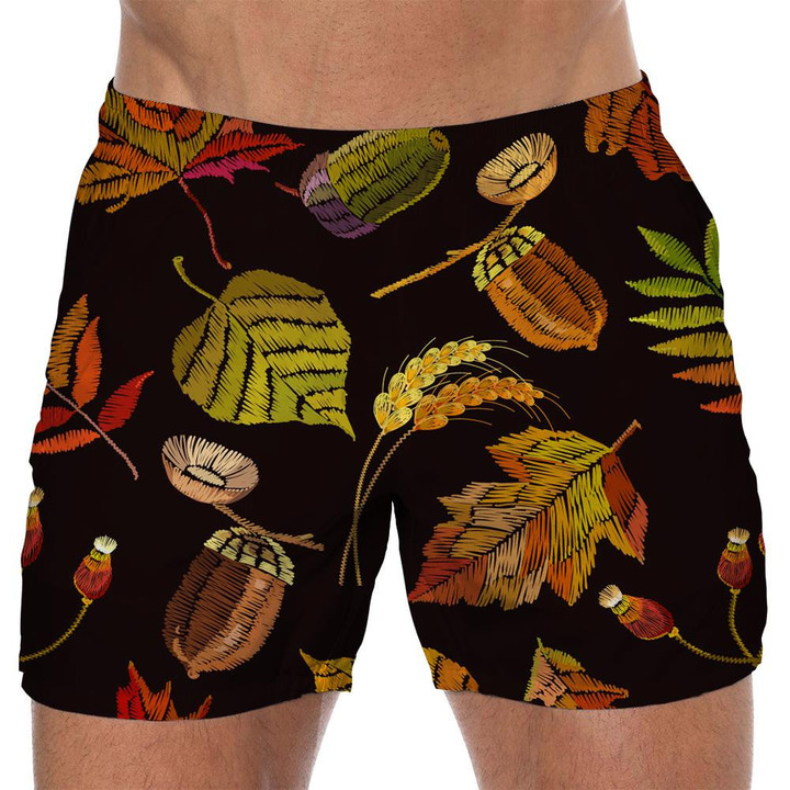 Classical September Embroidery Autumn Maple Leaves Acorns Wild Forest 3D Men's Swim Trunks