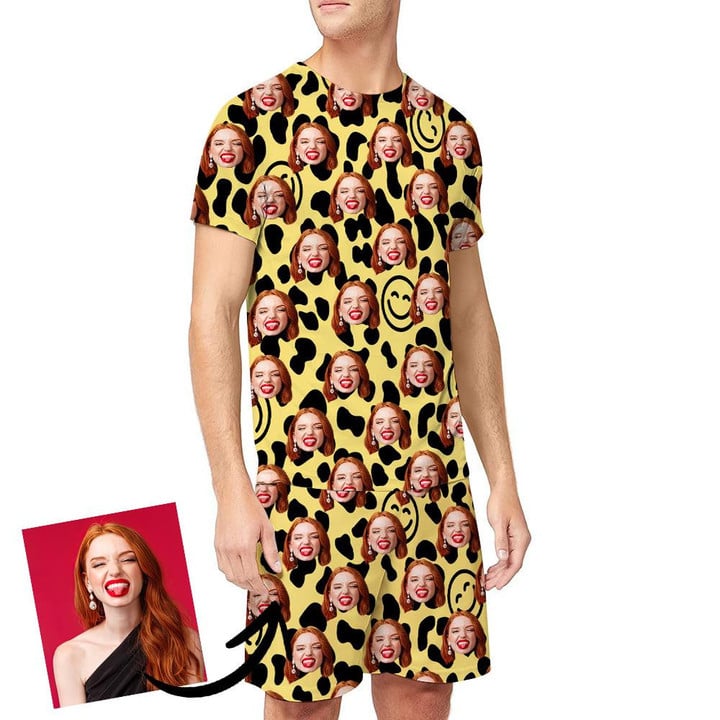 Leopard Skin With Happy Face Smiling Emoticon Funny Custom Image Men's Pajamas Set