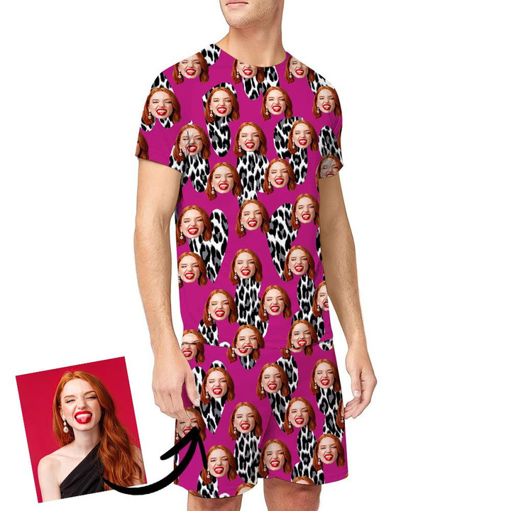 Leopard Heart On Dark Pink In Vintage Style Funny Custom Image Men's Pajamas Set