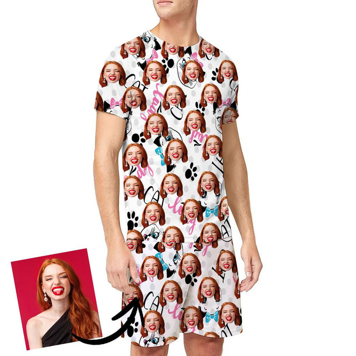 Lady Cats On Polka Dots Background Funny Custom Image Men's Pajamas Set