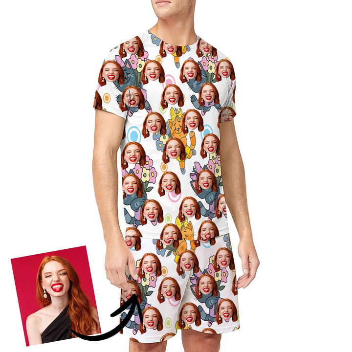 Lady Cat Is Holding A Bouquet In Happy Day Funny Custom Image Men's Pajamas Set