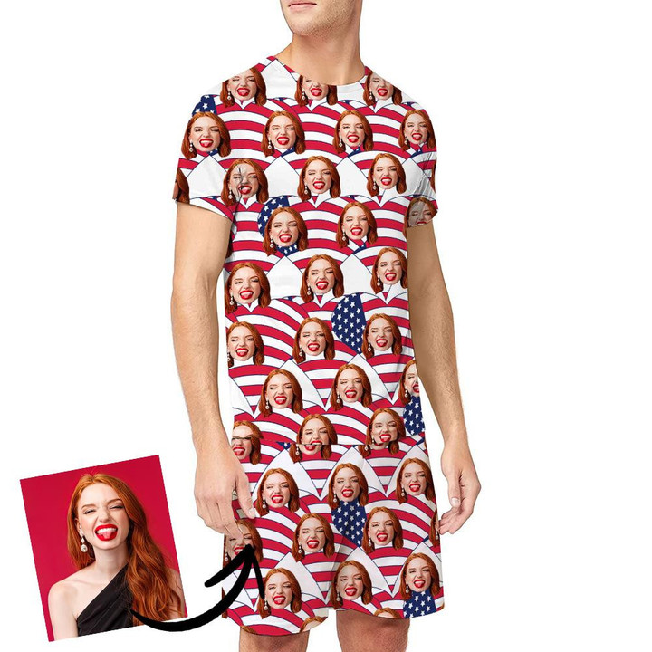 Independence Day Of America Flag On Heart Shapes Pattern Funny Custom Image Men's Pajamas Set