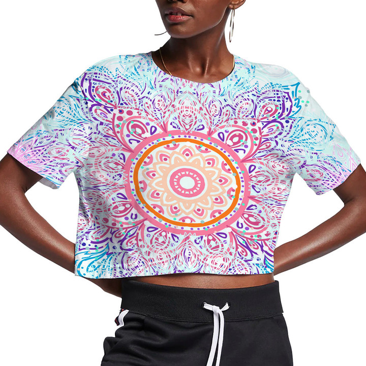 Geometric Circle Mandala Element In pink And Blue Color 3D Women's Crop Top