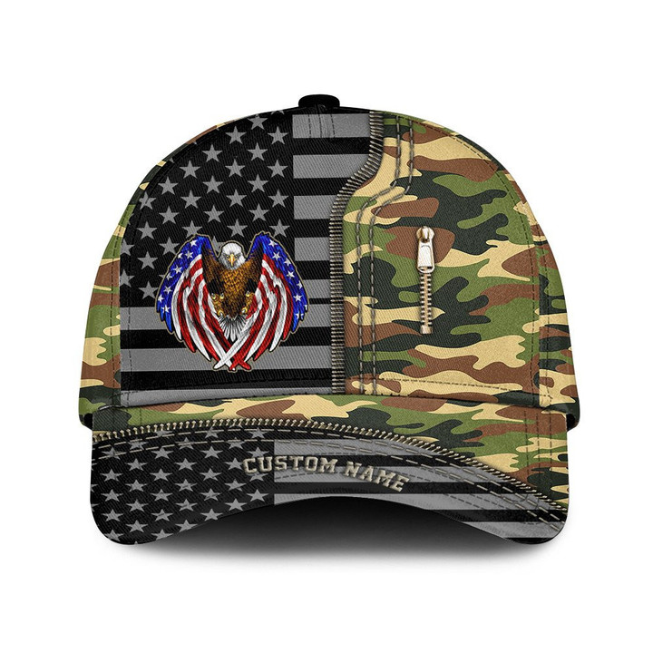 Custom Name An Eagle With An American Flag And Woodland Camo Pattern Printed Baseball Cap Hat