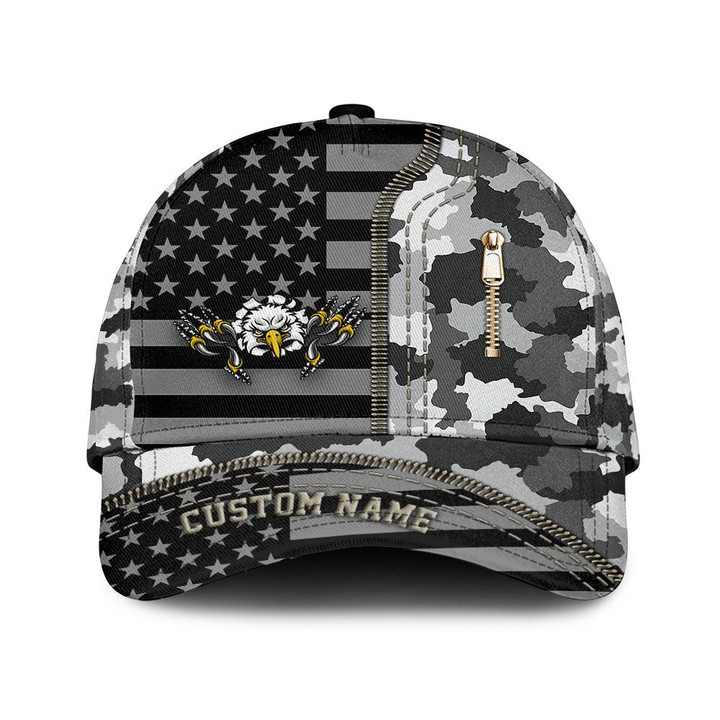Custom Name Eagle Golf Cartoon Zipper And Black Grey Camo Pattern Printed Baseball Cap Hat