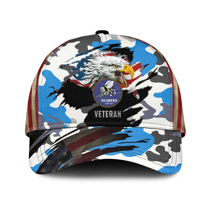 Head Of Eagle With USA Flag And Blue Camo Pattern Printed Baseball Cap Hat