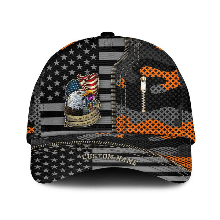 Custom Name Home Of The Free Zipper And Orange Camo Pattern Printed Baseball Cap Hat