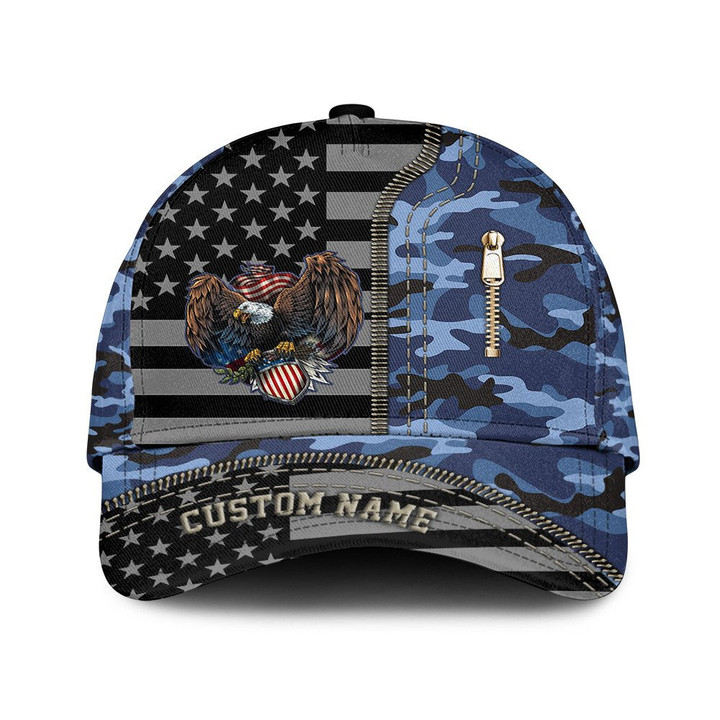 Custom Name Bald American Flag Design And Dark Blue Camo Pattern Printed Baseball Cap Hat