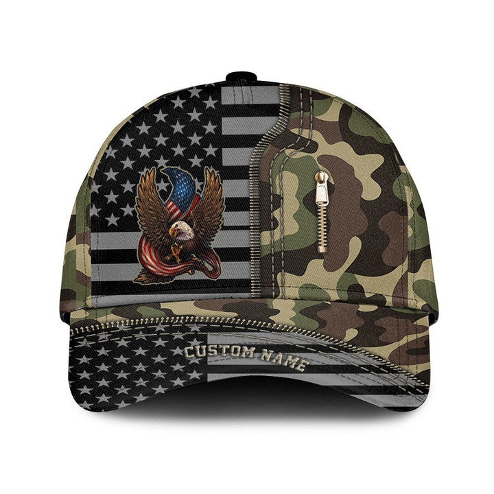 Custom Name USA Flag Bald Eagle Cool And Military Camo Pattern Printed Baseball Cap Hat