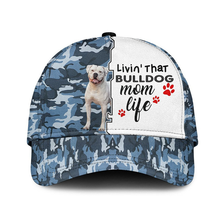 Living That Bulldog Mom Life Blue Camo Pattern Baseball Cap Hat