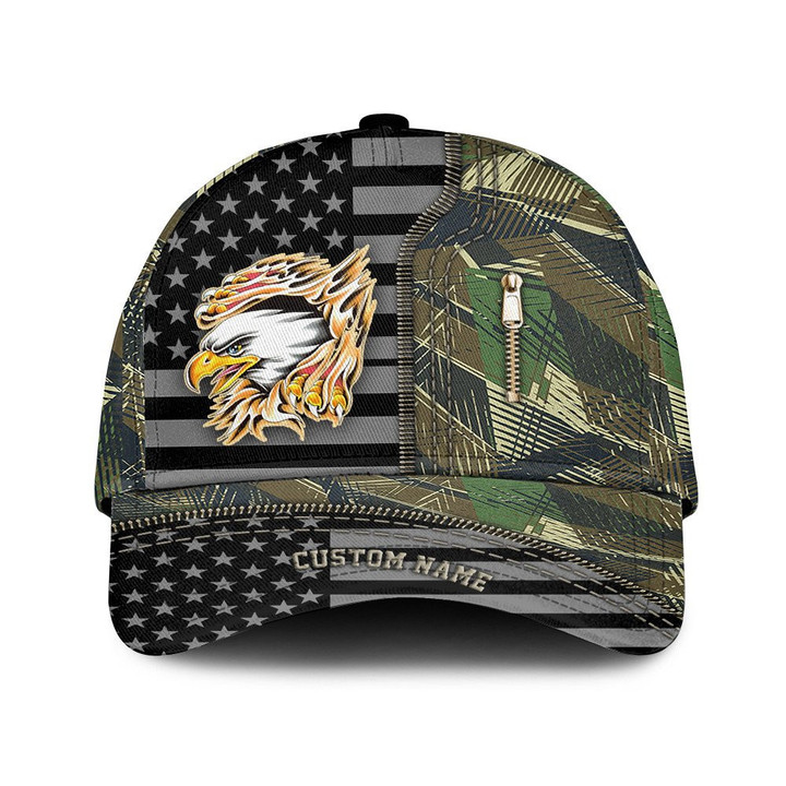 Custom Name Eagle Head Flame And Camo Pattern Vintage Printed Baseball Cap Hat