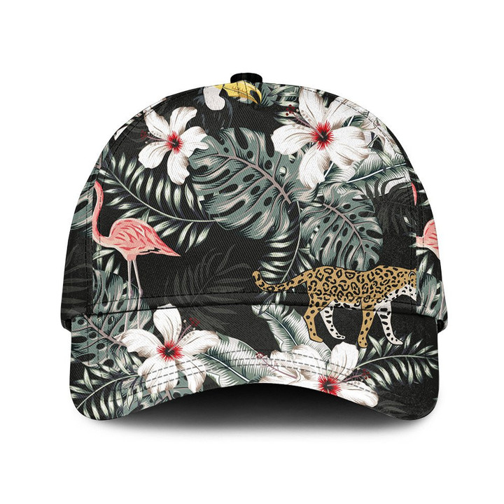 Pattern With Tropical Flowers And Jaguar Printed Baseball Cap Hat