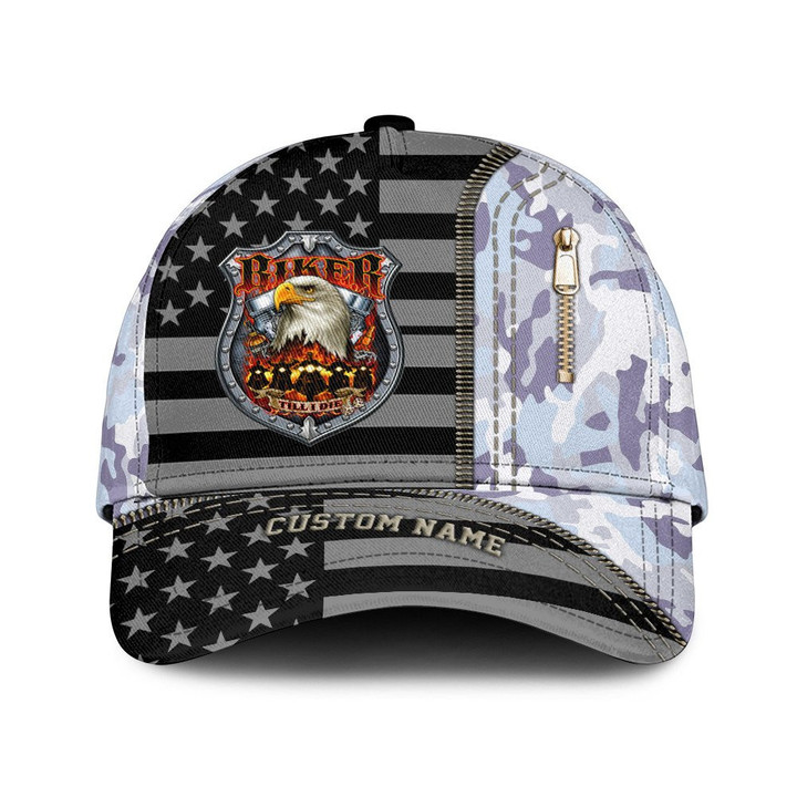 Custom Name Biker Style Eagle Heat Zipper And Purple Camo Pattern Printed Baseball Cap Hat