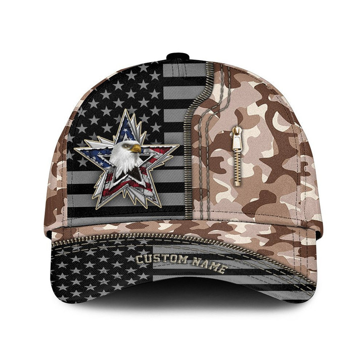 Custom Name Eagle USA Flag Zipper And Baby Brown Camo Pattern Printed Baseball Cap Hat