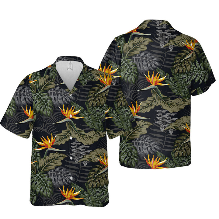 Yellow Bird Of Paradise Over Tropical Leaf Black 3D Hawaiian Shirt