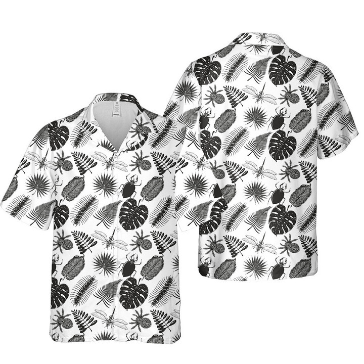 Black And White Monstera Leaf And Tropical Palm Leaves White Theme 3D Hawaiian Shirt