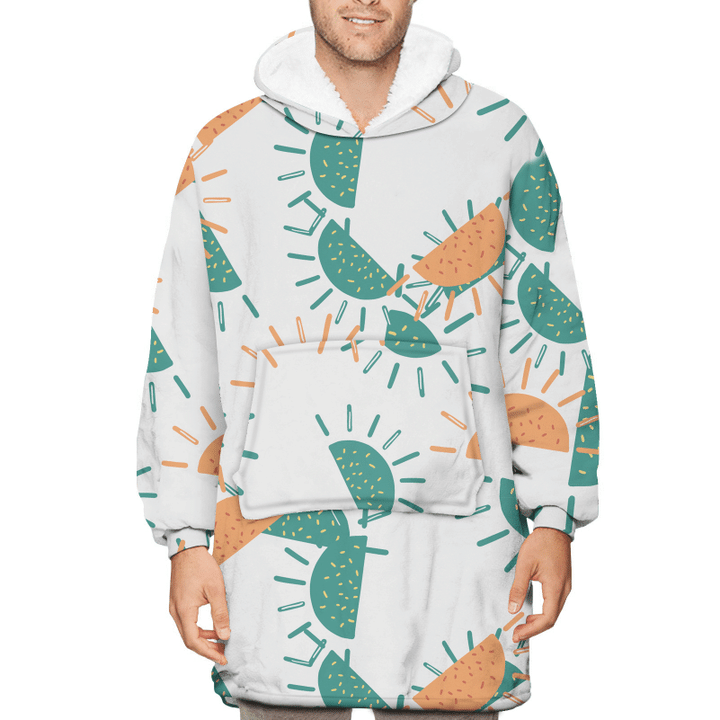 Seagulls Silhouettes Of Palm Trees And Red Rising Sun Unisex Sherpa Fleece Hoodie Blanket