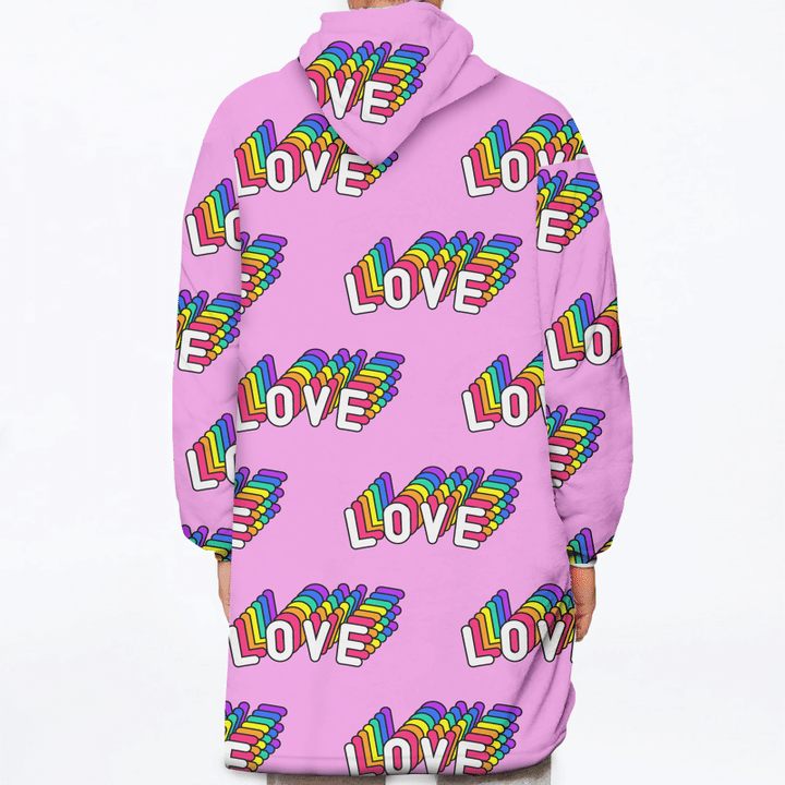 LQBT Rainbow Love Words Isolated On Pink Background Unisex Sherpa Fleece Hoodie Blanket