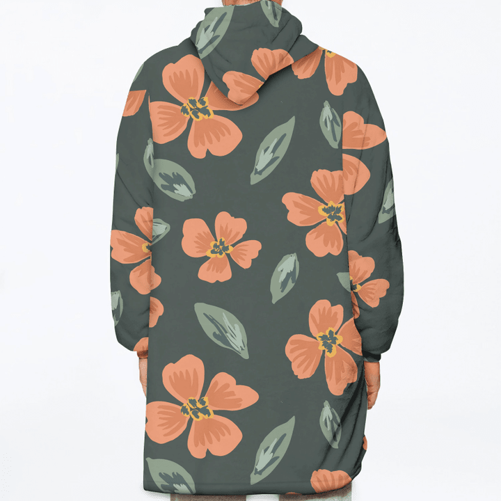 Simple Painted Orange Flower And Leaves Scattered Pattern Unisex Sherpa Fleece Hoodie Blanket