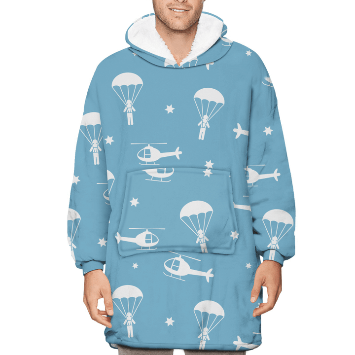 Blue And White Stars Sky With Helicopters And Parachutists Unisex Sherpa Fleece Hoodie Blanket