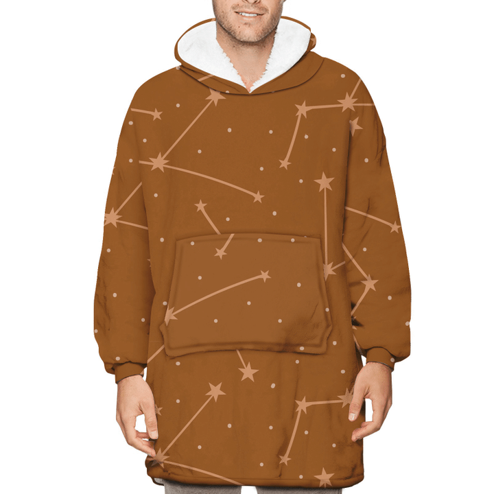 Vintage Brown Stars Zodiac Constellations Sign Unisex Sherpa Fleece Hoodie Blanket