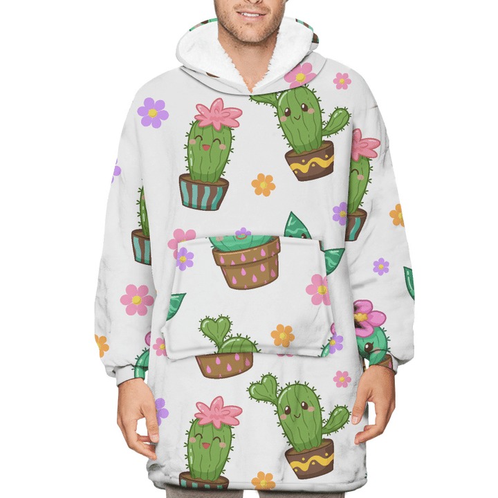Cartoon Cute Smiling Cactus Cacti With Flowers Unisex Sherpa Fleece Hoodie Blanket