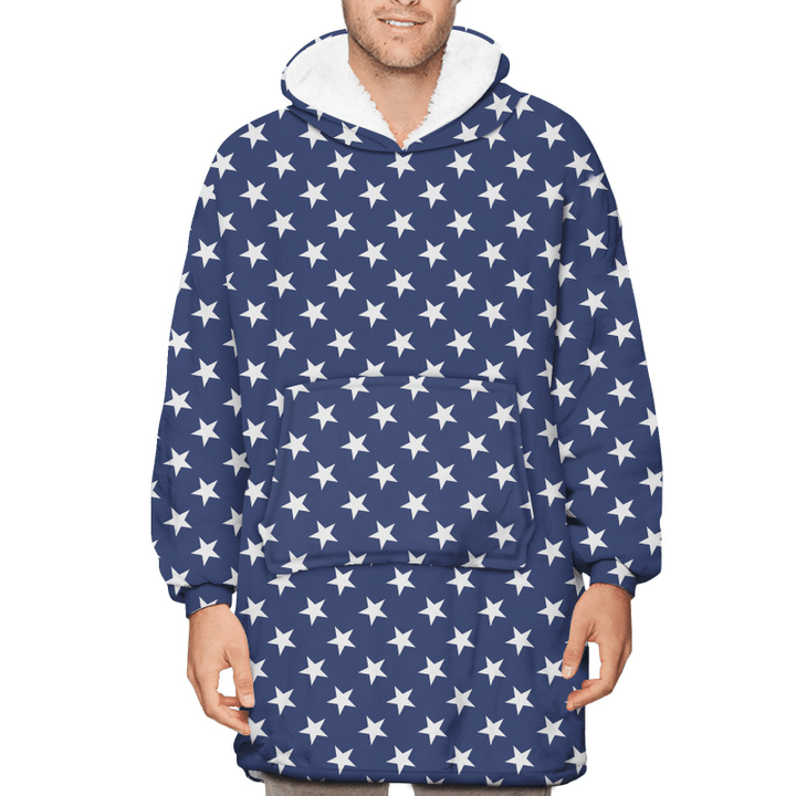 Amazing White And Dark Blue Stars Pattern Unisex Sherpa Fleece Hoodie Blanket