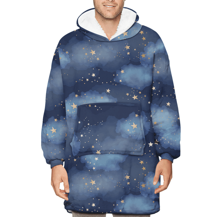 Watercolor Night Sky Background Gold Foil Constellations Stars And Clouds Unisex Sherpa Fleece Hoodie Blanket