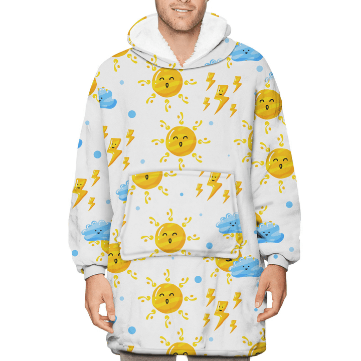 Cute Cloud With Thunder And Funny Sun Unisex Sherpa Fleece Hoodie Blanket