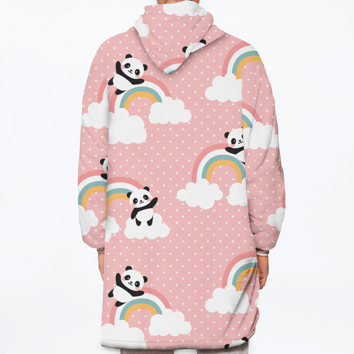 Lovely Pandas Jumping On Pink Polka Dot Background Unisex Sherpa Fleece Hoodie Blanket