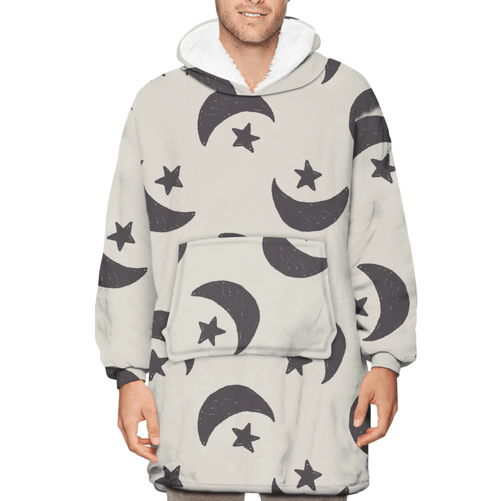 Black Moon And Star On Gray Background Unisex Sherpa Fleece Hoodie Blanket