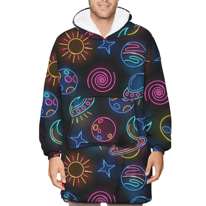 Colorful Neon Light With Space Icons Star Alien Sun Moon Unisex Sherpa Fleece Hoodie Blanket