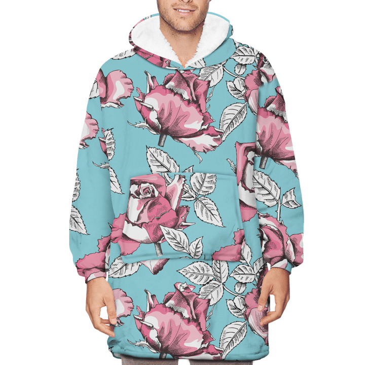 Drawing Pink Rose Buds And Leaves On Light Blue Background Design Unisex Sherpa Fleece Hoodie Blanket