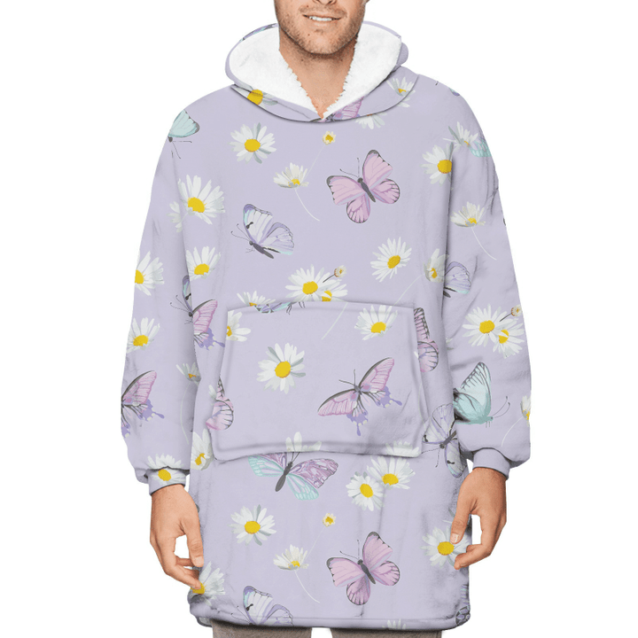 Violet Theme Watercolor Daisy Flowers And Butterfly Pattern Unisex Sherpa Fleece Hoodie Blanket