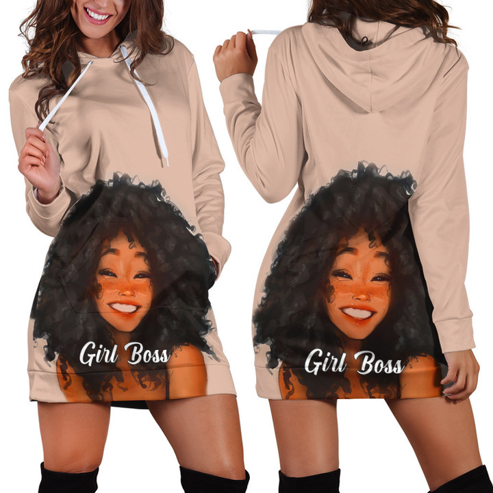 Smile Girl Boss Black Hair Beige Printed Hoodie Dress 3D