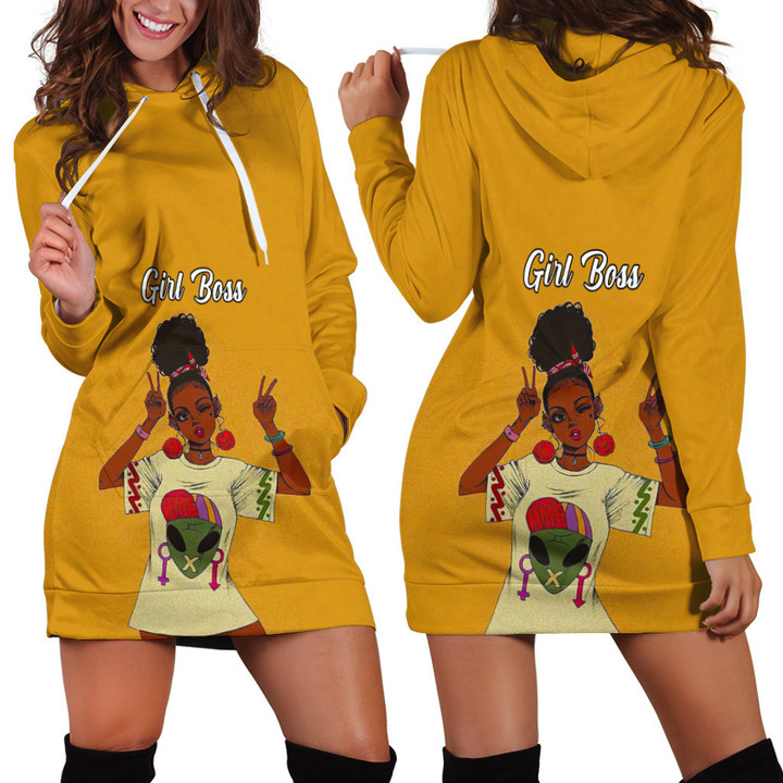 Cool Girl Boss Black Hair Yellow Printed Hoodie Dress 3D
