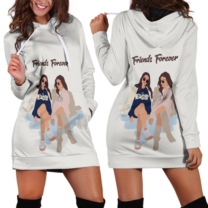 Two Girl Fancy Friend Forever White Printed Hoodie Dress 3D