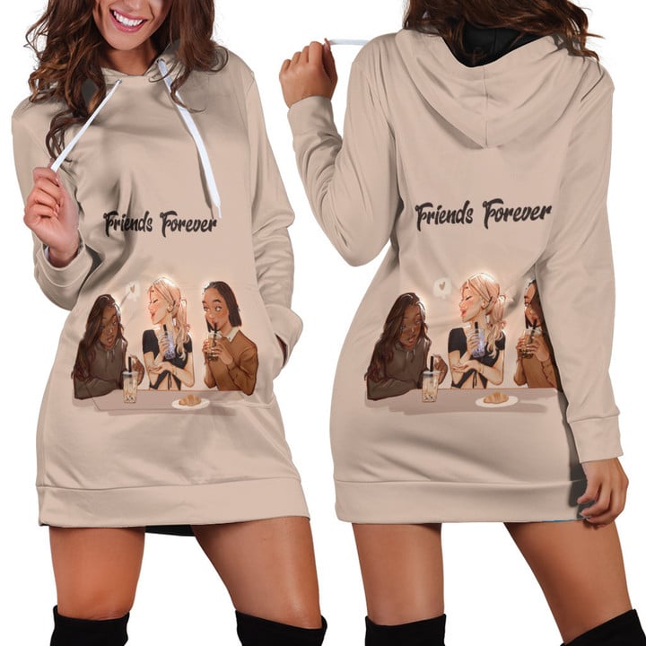 Three Girl Coffee Time Friend Forever Beige Printed Hoodie Dress 3D