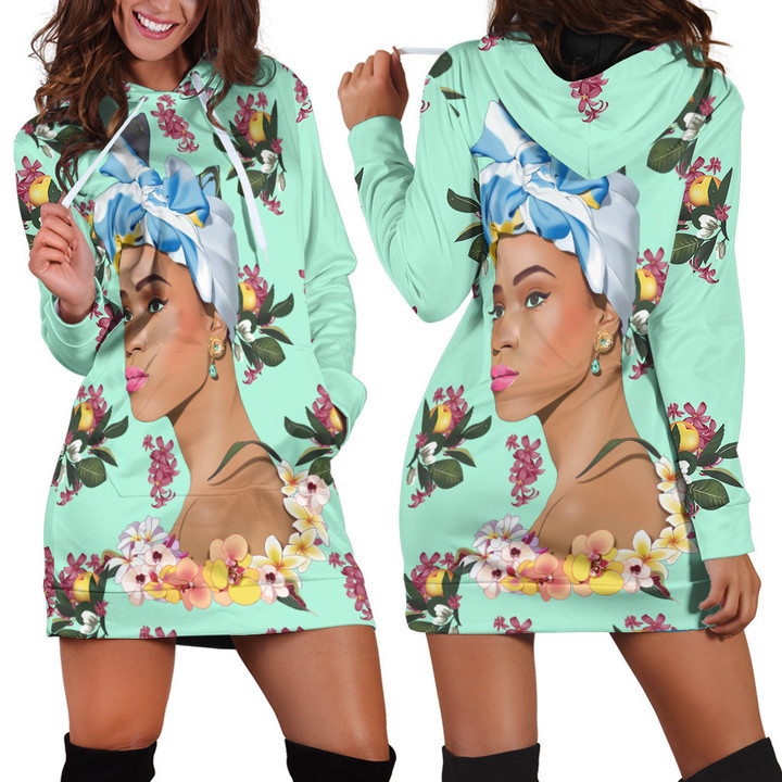 Black Girl With Flower Patterns In Mint Hoodie Dress 3D