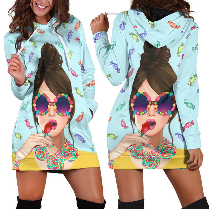 Girl With Bun Hair Candy Patterns In Mint Hoodie Dress 3D