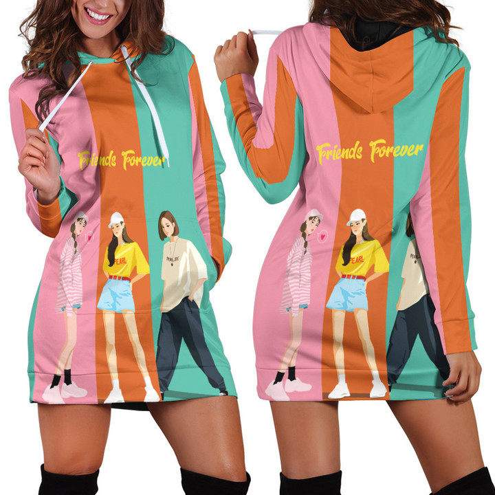 Three Girl Styles Friend Forever Beige Printed Hoodie Dress 3D