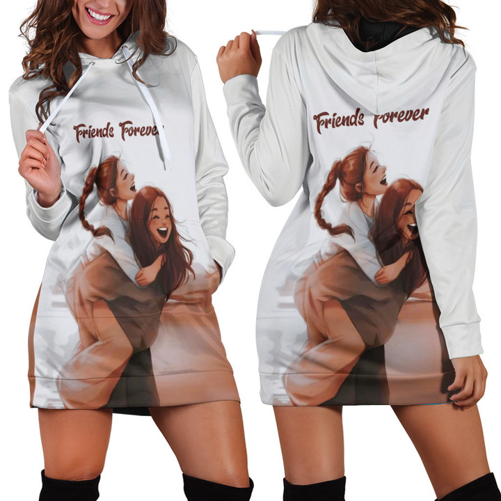 Two Girl Piggyback Friend Forever White Printed Hoodie Dress 3D