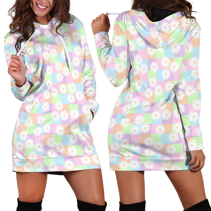 Daisy Flowers In Colorful Squares Y2K Pattern Hoodie Dress 3D