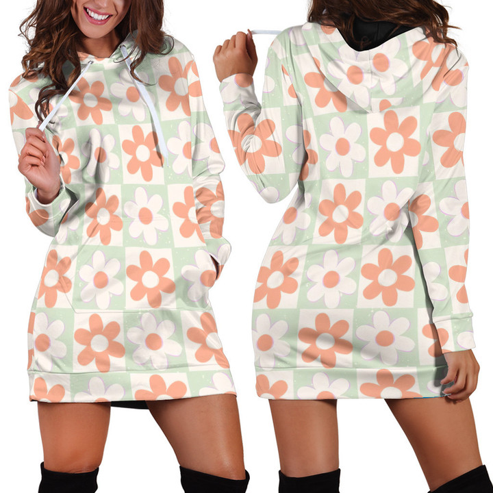 Light Orange And Yellow Flower Checkerboard Color Drawing Y2K Pattern Hoodie Dress 3D