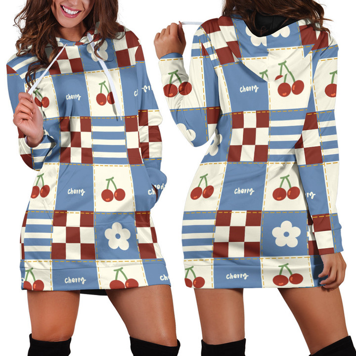 Cherry Cute Pattern In Blue And White Red Hoodie Dress 3D